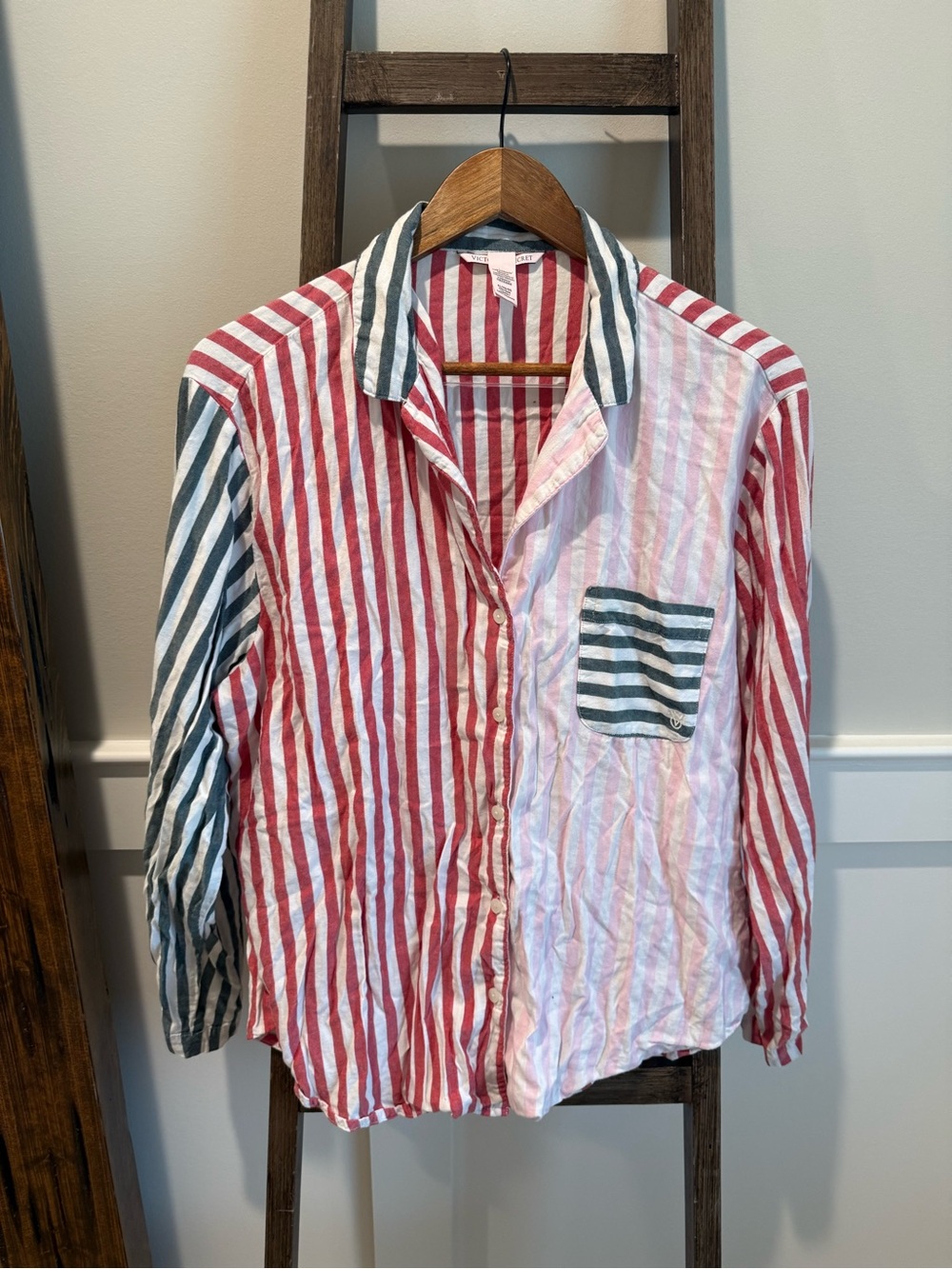 PINK Victoria's Secret Red, White & Green Striped Button-Down Shirt